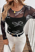 Round Neck Bow Print Long Sleeve Mesh Top
